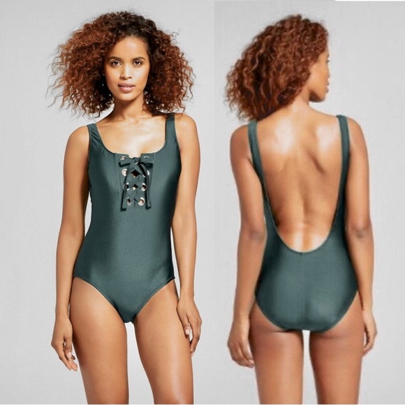 Mossimo Womens Green Grommet Lace Up One Piece Swimsuit Size Small - Picture 1 of 10
